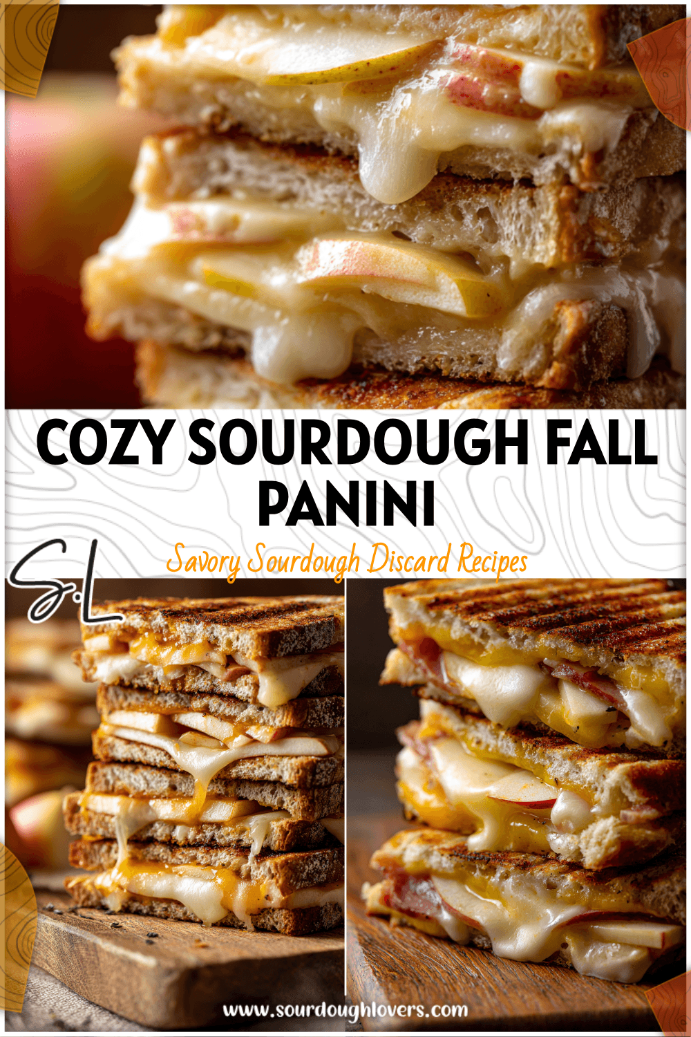 Golden sourdough apple cheddar panini on a wooden board with melted cheese for a cozy fall panini recipe